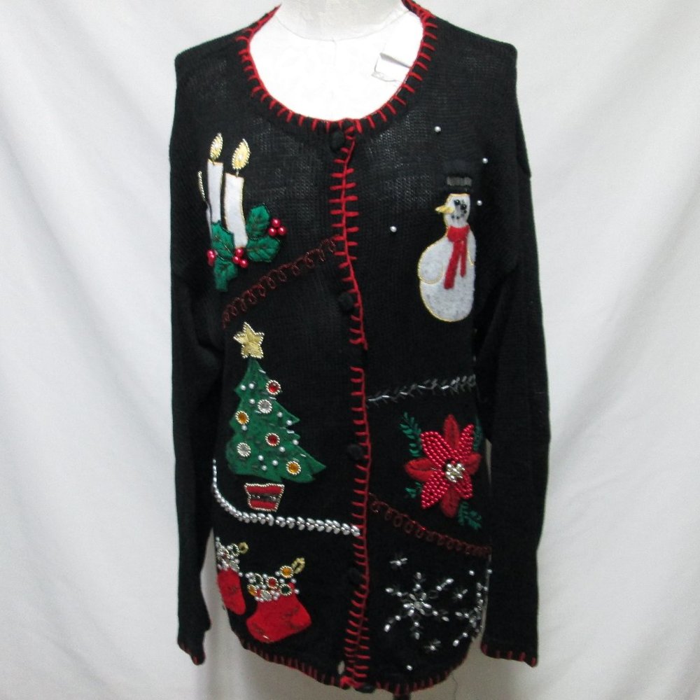 Victoria Jones Vintage Christmas beaded jeweled Snowman Sweater Sz Medium Md M